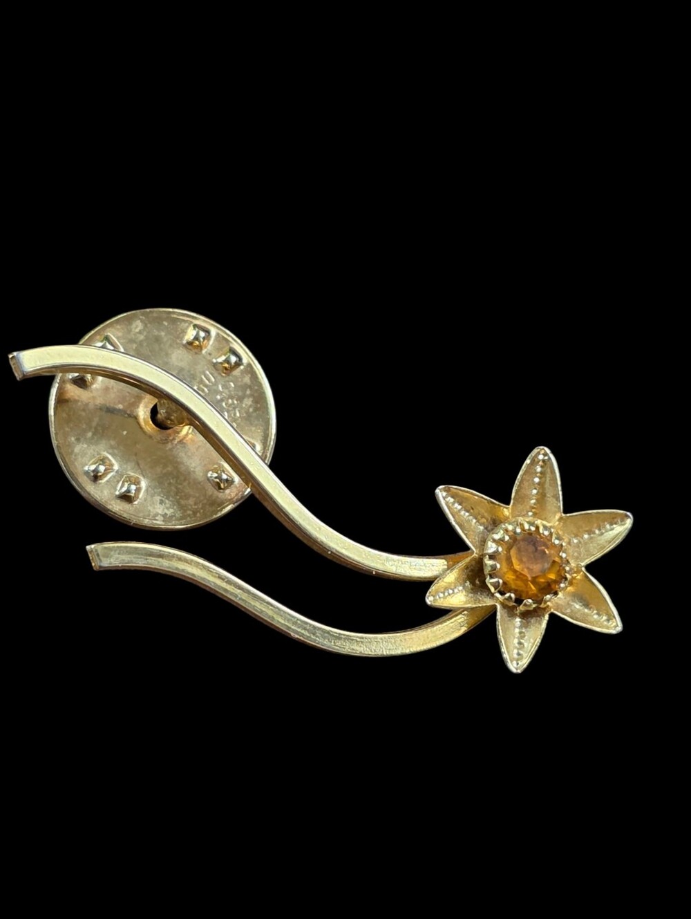 Vintage Mid-Century Gold Tone Floral Lapel Pin • Amber Rhinestone • Ballou Reg'd